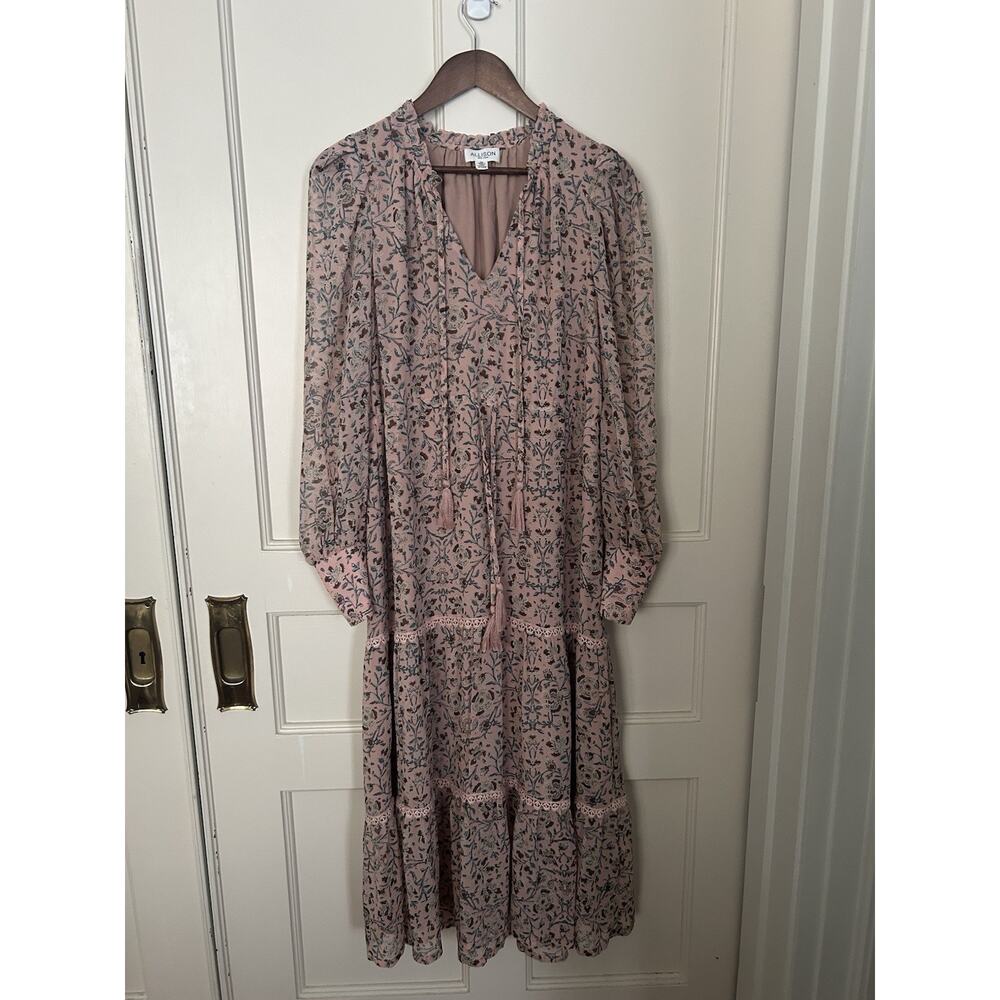 Allison Floral Tiered Midi Peasant Dress Womens Size Small Pink Boho Festival